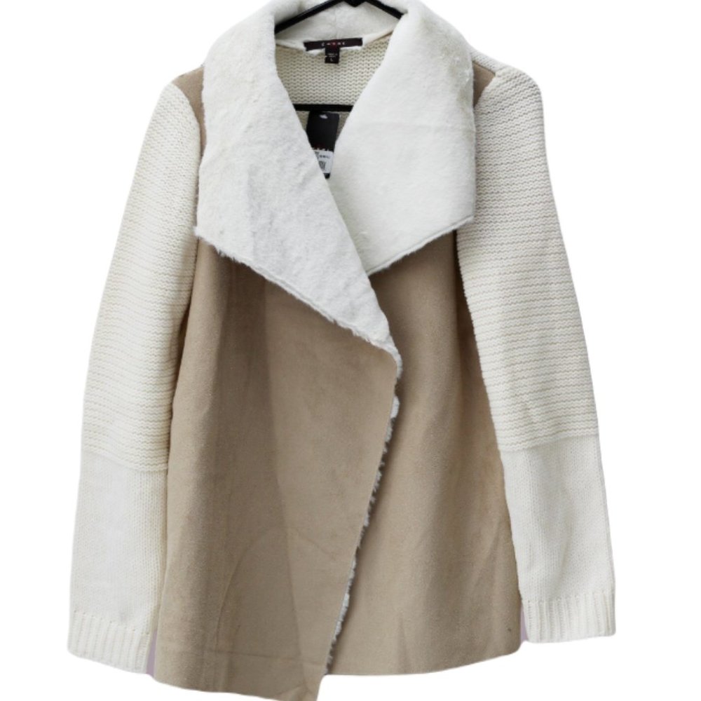 Fever‎ Women's Beige/Tan Cascade Collar Faux Suede Sherpa Knit Jacket Small NWT - Picture 7 of 11